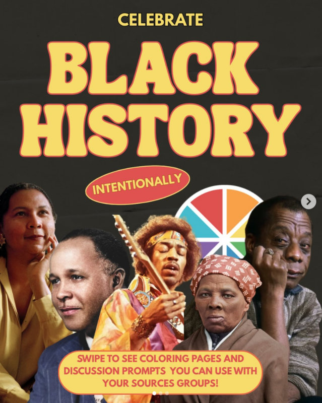 Various leaders in black history including Bryan Stevenson, Bell Hooks, Harriet Tubman and James Baldwin underneath the yellow and orange outline words Celebrate Black History Intentionally 